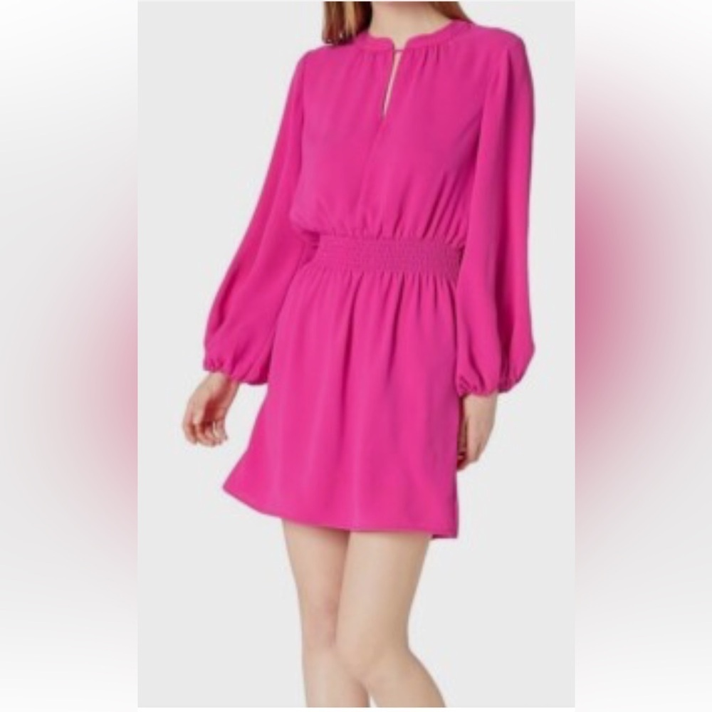 Trina Turk HOT PINK Dress Elastic waist Ballon Long sleeves Fit & Flare SZ 2P